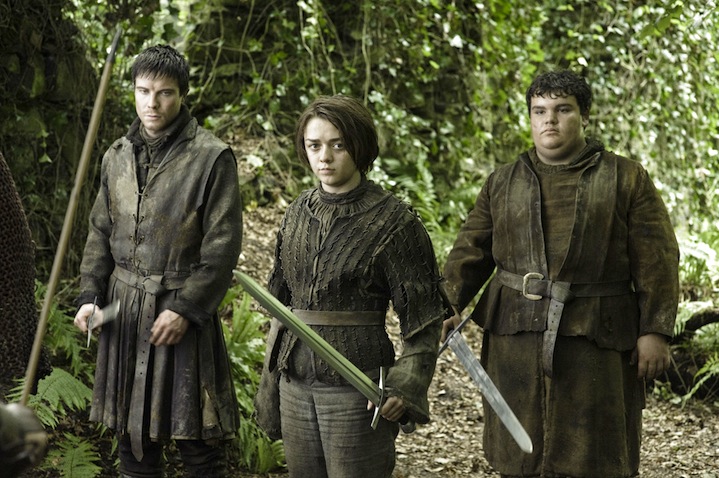 Joe Dempsie, Ben Hawkey and Maisie Williams in Game of Thrones