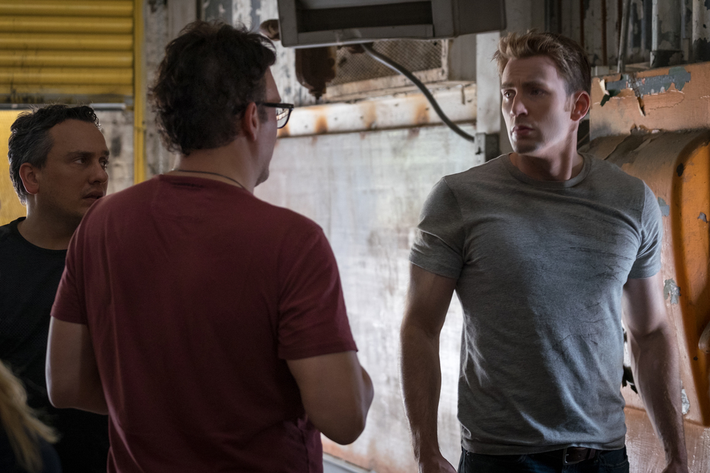 Marvel's Captain America: Civil War L to R: Director Joe Russo, Director Anthony Russo, and Chris Evans (Captain America) on set. Ph: Zade Rosenthal ©Marvel 2016