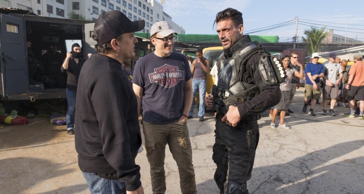 Captain America: Civil War L to R: Director Joe Russo, Director Anthony Russo, and Frank Grillo (Crossbones/Brock Rumlow) on set. Ph: Zade Rosenthal ©Marvel 2016