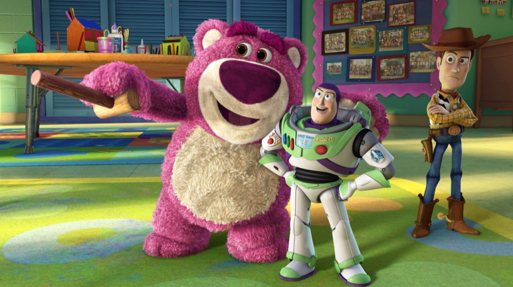 TOY STORY 3 (L-R) Lots-o’-Huggin’ Bear, Buzz Lightyear, Woody ©Disney/Pixar. All Rights Reserved.