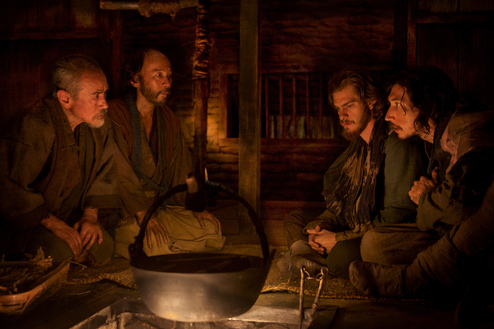 L-R: Yoshi Oida plays Ichizo, Shinya Tsukamoto plays Mokichi, Andrew Garfield plays Father Rodrigues and Adam Driver plays Father Garupe in the film SILENCE