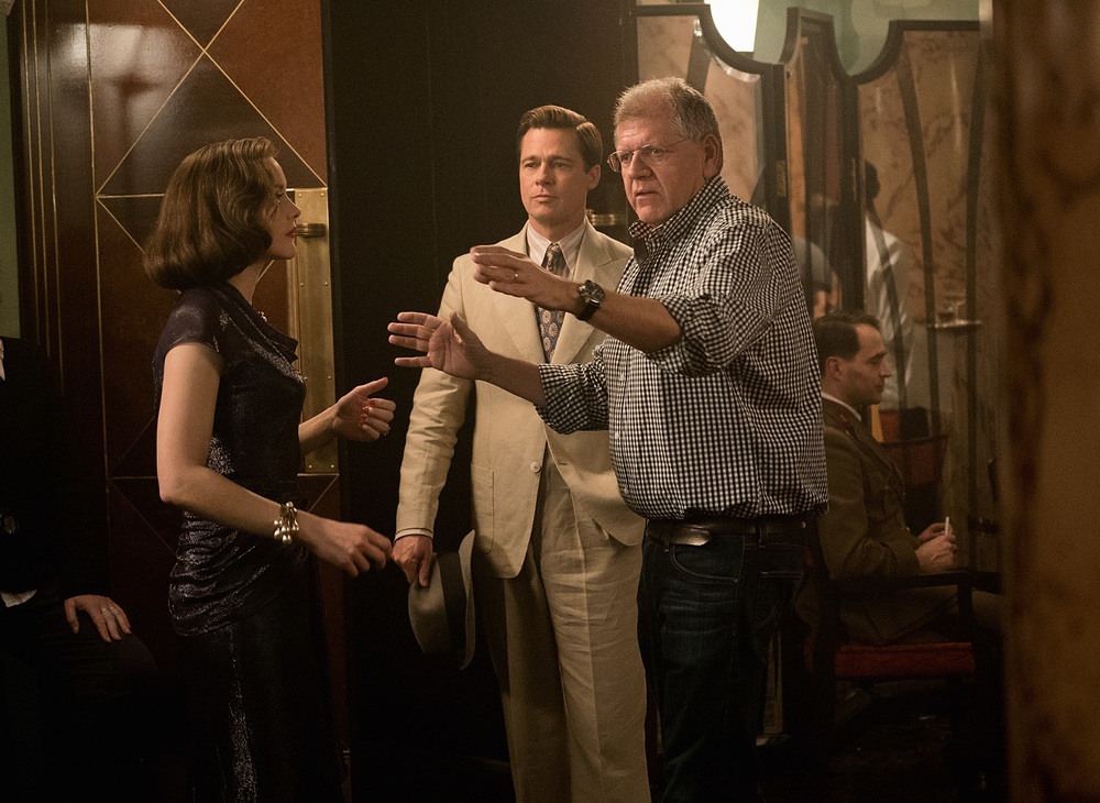 Marion Cotillard, Brad Pitt and Director Robert Zemeckis on the set of Allied from Paramount Pictures.
