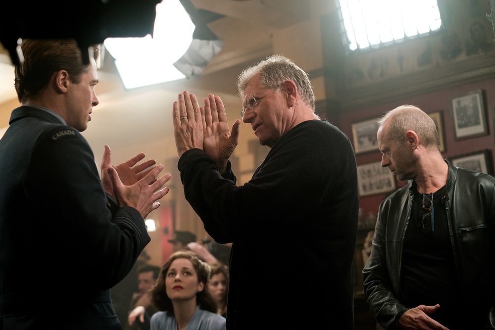 Brad Pitt as Max Vatan, Marion Cotillard as Marianne Beausejour and Director Robert Zemeckis on the set of Allied from Paramount Pictures.