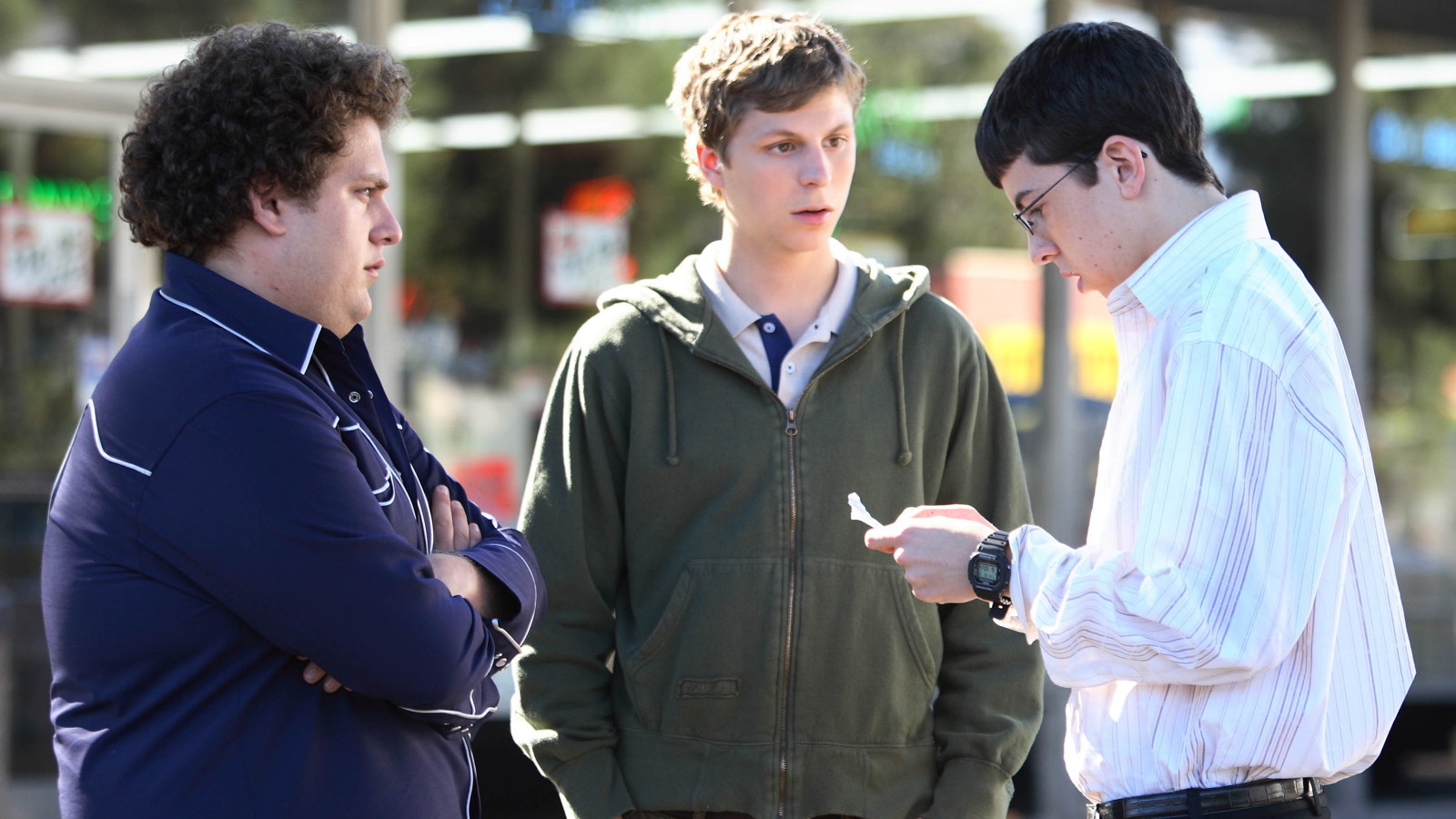 SB-181 : Seth (Jonah Hill, left), Evan (Michael Cera, center) and Fogell (Christopher Mintz-Plasse, right), can have the night theyÕll remember for the rest of their lives in Superbad, the new film from producers Judd Apatow and Shauna Robertson (The 40-Year-Old Virgin), screenwriters Seth Rogen & Evan Goldberg, and director Greg Mottola. Photo Credit : Melissa Moseley.