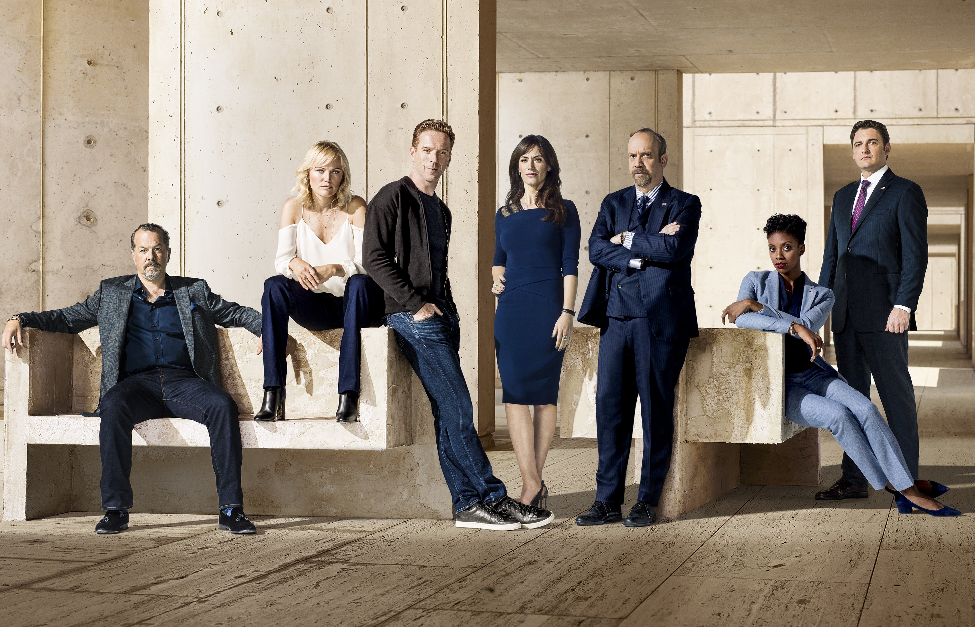 PR Art of the Showtime original series BILLIONS (Season 2, Gallery). - Photo: James Minchin/SHOWTIME - Photo ID: BILLIONS_S2_PRArt_01.R Pictured: David Costabile as Mike "Wags" Wagner, Malin Ackerman as Lara Axelrod, Damian Lewis as Bobby "Axe" Axelrod, Maggie Siff as Wendy Rhoades, Paul Giamatti as Chuck Rhoades, Condola Rashad as Kate Sacker and Toby Leonard Moore as Brian Connerty