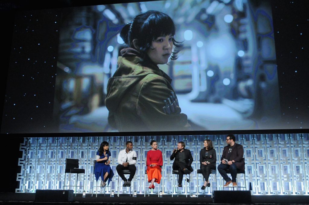 ORLANDO, FL - APRIL 14: Kelly Marie Tran, John Boyega, Daisy Ridley, Rian Johnson, Kathleen Kennedy and Josh Gad attend the STAR WARS: THE LAST JEDI PANEL during the 2017 STAR WARS CELEBRATION at Orange County Convention Center on April 14, 2017 in Orlando, Florida. (Photo by Gerardo Mora/Getty Images for Disney) *** Local Caption *** Kelly Marie Tran, John Boyega;Daisy Ridley;Rian Johnson;Kathleen Kennedy;Josh Gad