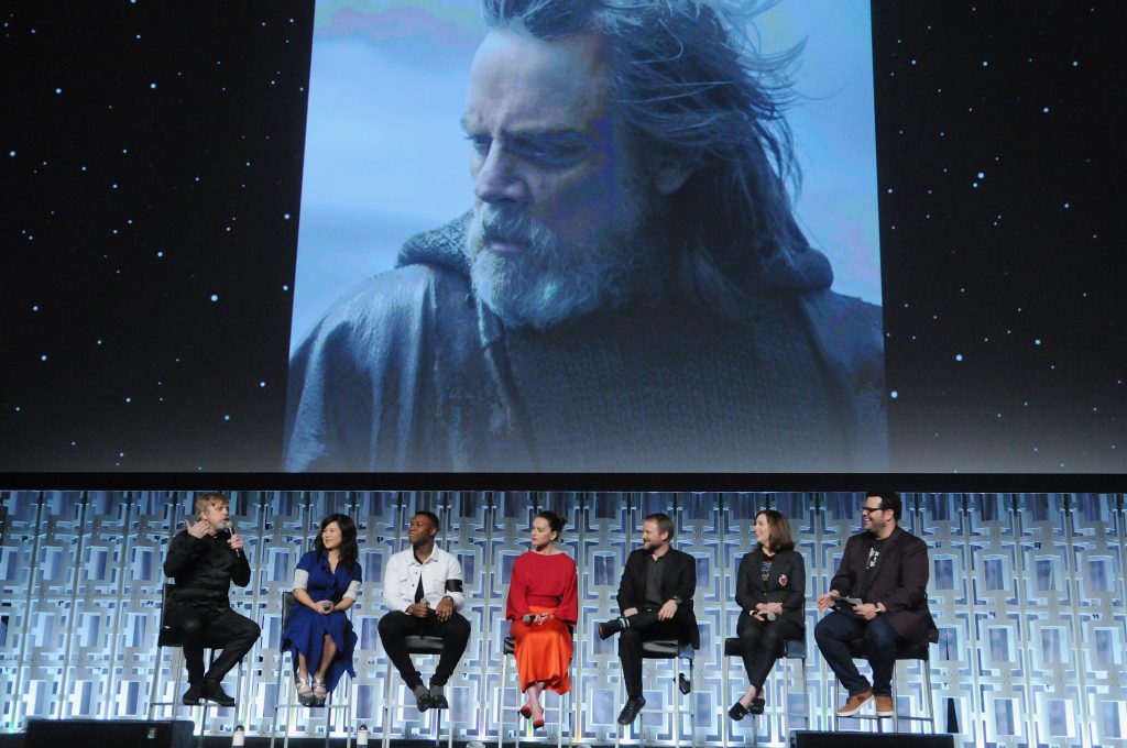 ORLANDO, FL - APRIL 14: Mark Hamill, Kelly Marie Tran, John Boyega, Daisy Ridley, Rian Johnson, Kathleen Kennedy and Josh Gad attend the STAR WARS: THE LAST JEDI PANEL during the 2017 STAR WARS CELEBRATION at Orange County Convention Center on April 14, 2017 in Orlando, Florida. (Photo by Gerardo Mora/Getty Images for Disney) *** Local Caption *** Mark Hamill, Kelly Marie Tran;John Boyega;Daisy Ridley;Rian Johnson;Kathleen Kennedy;Josh Gad