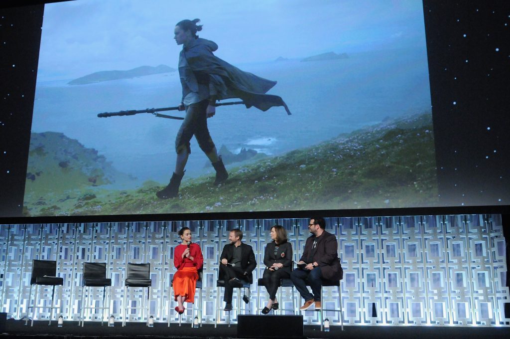 ORLANDO, FL - APRIL 14: Daisy Ridley, Rian Johnson, Kathleen Kennedy and Josh Gad attend the STAR WARS: THE LAST JEDI PANEL during the 2017 STAR WARS CELEBRATION at Orange County Convention Center on April 14, 2017 in Orlando, Florida. (Photo by Gerardo Mora/Getty Images for Disney) *** Local Caption *** Daisy Ridley;Rian Johnson;Kathleen Kennedy;Josh Gad