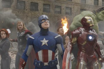 Robert Downey Jr., Chris Evans, Scarlett Johansson, Jeremy Renner, Mark Ruffalo, and Chris Hemsworth in The Avengers (2012)
