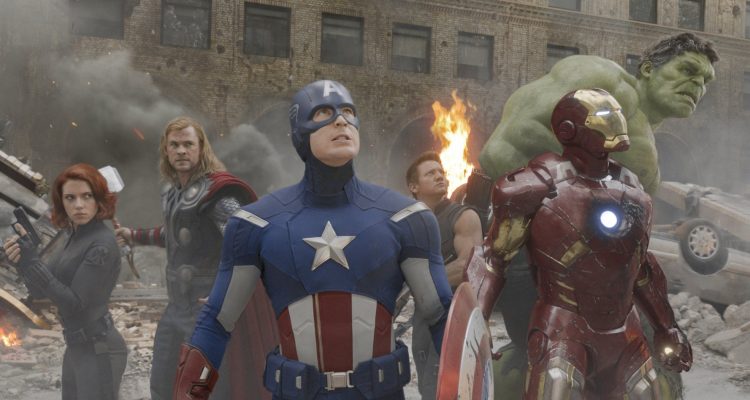 Robert Downey Jr., Chris Evans, Scarlett Johansson, Jeremy Renner, Mark Ruffalo, and Chris Hemsworth in The Avengers (2012)