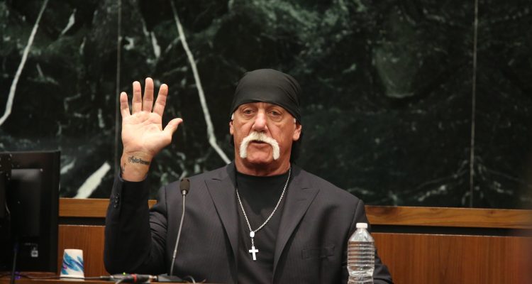 Hulk Hogan, whose given name is Terry Bollea, takes the oath in court on Tuesday, March 8, 2016, during his trial against Gawker Media, in St. Petersburg, Fla. Hogan and his attorneys are suing Gawker for $100 million, saying that his privacy was violated, and he suffered emotional distress after Gawker posted a sex tape filmed of Hogan and his then-best friend’s wife. (John Pendygraft/Tampa Bay Times via AP, Pool) MANDATORY NY POST OUT Nobody Speak