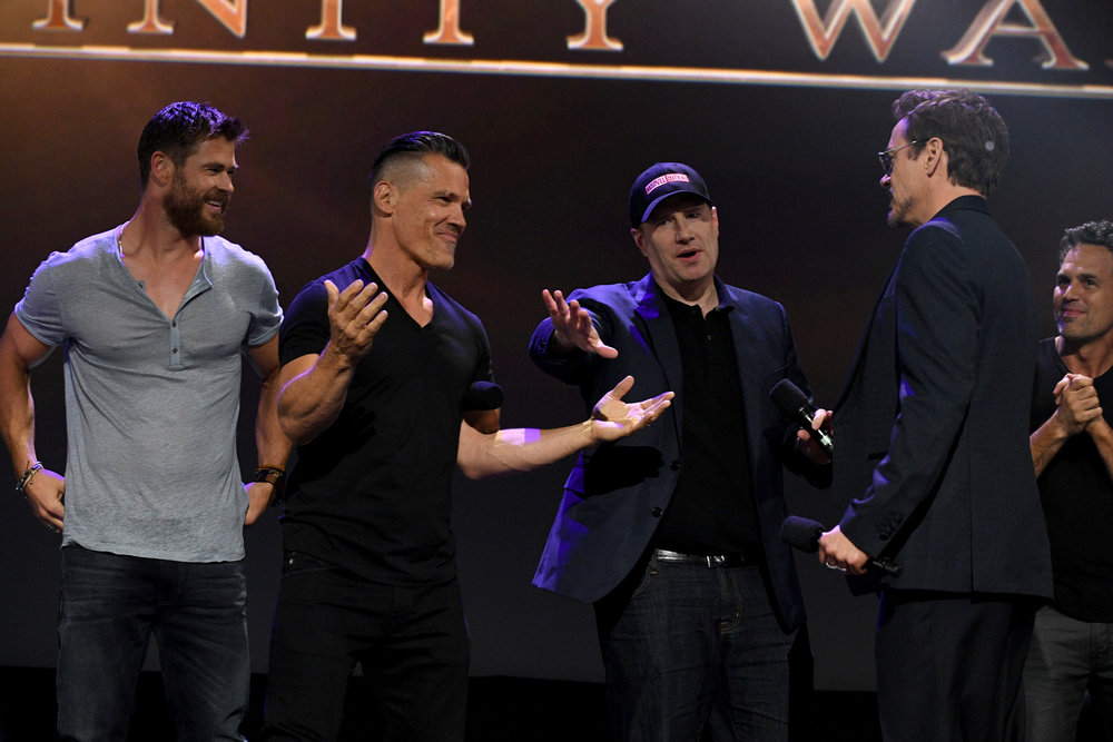 CHRIS HEMSWORTH, JOSH BROLIN, KEVIN FEIGE (PRESIDENT OF MARVEL STUDIOS), ROBERT DOWNEY JR.,