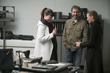 Sylvia Hoeks, Director Denis Villeneuve, and Robin Wright on the set of Blade Runner 2049 in association with Columbia Pictures, domestic distribution by Warner Bros. Pictures and international distribution by Sony Pictures Releasing International.