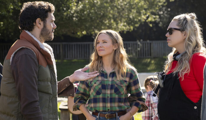 Adam Brody, Kristen Bell and Erin Foster on th set of Nobody Wants This season one